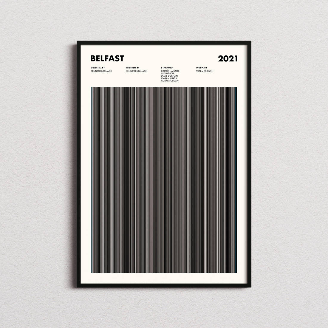 Belfast Movie Barcode Poster framed on a plain studio wall