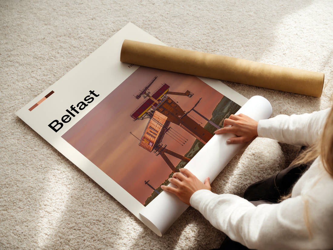 Belfast Shipyard Crane Travel Print being unrolled from its postal tube
