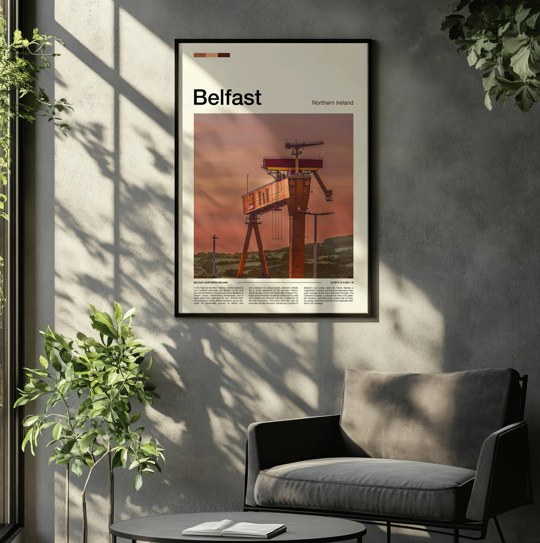Belfast Shipyard Crane Travel Print framed on the wall of a relaxed living room