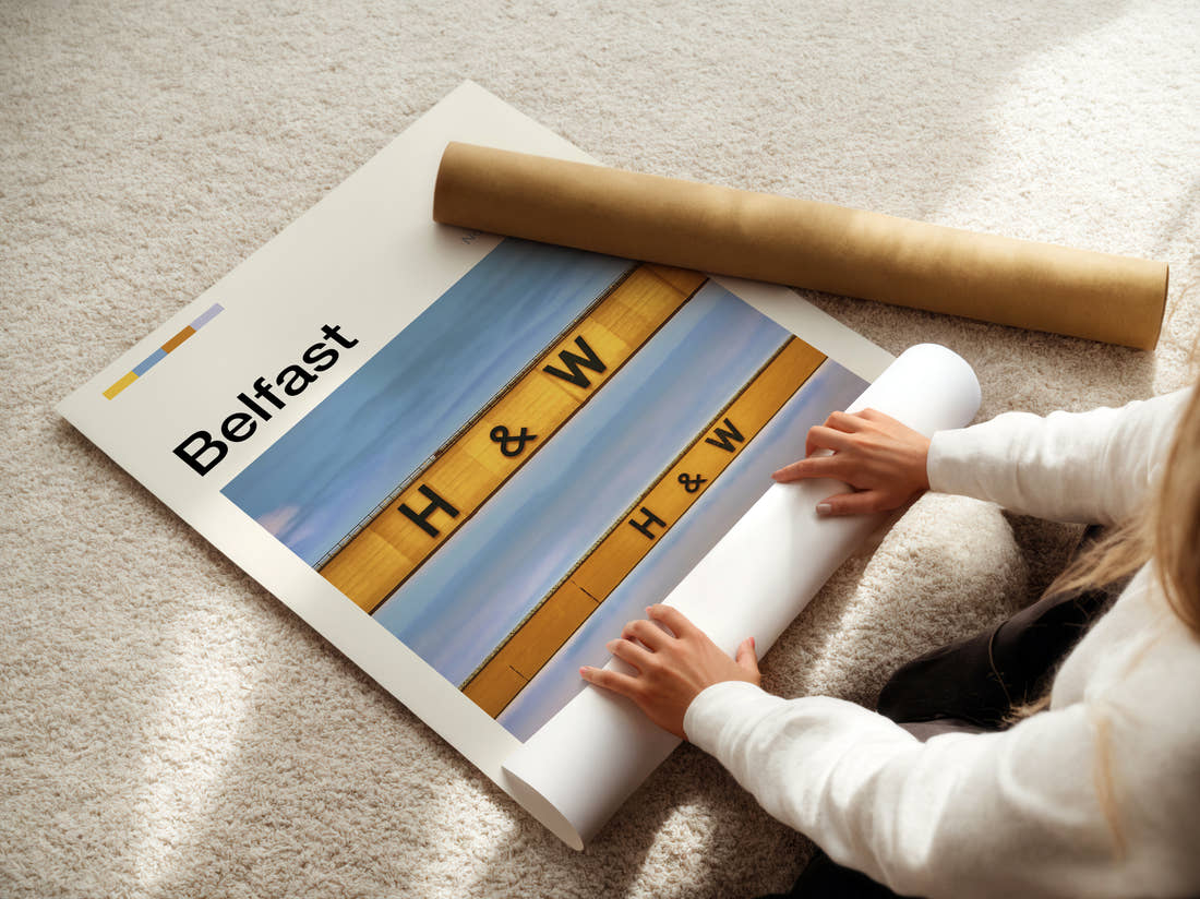Belfast Harland And Wolff Crane Travel Print being unrolled from its postal tube