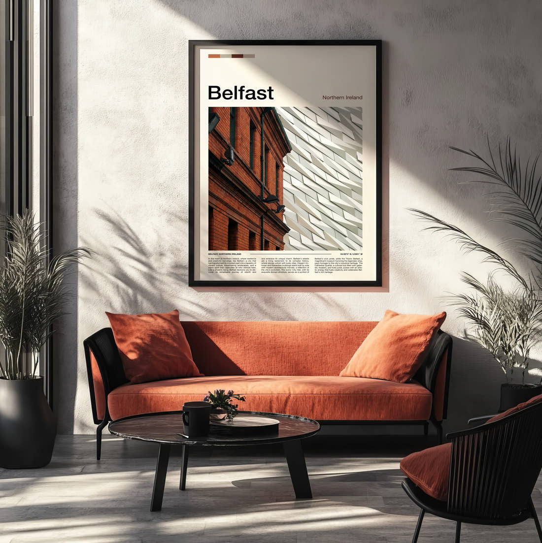Belfast Titanic Museum Travel Print framed on the wall of a modern living room