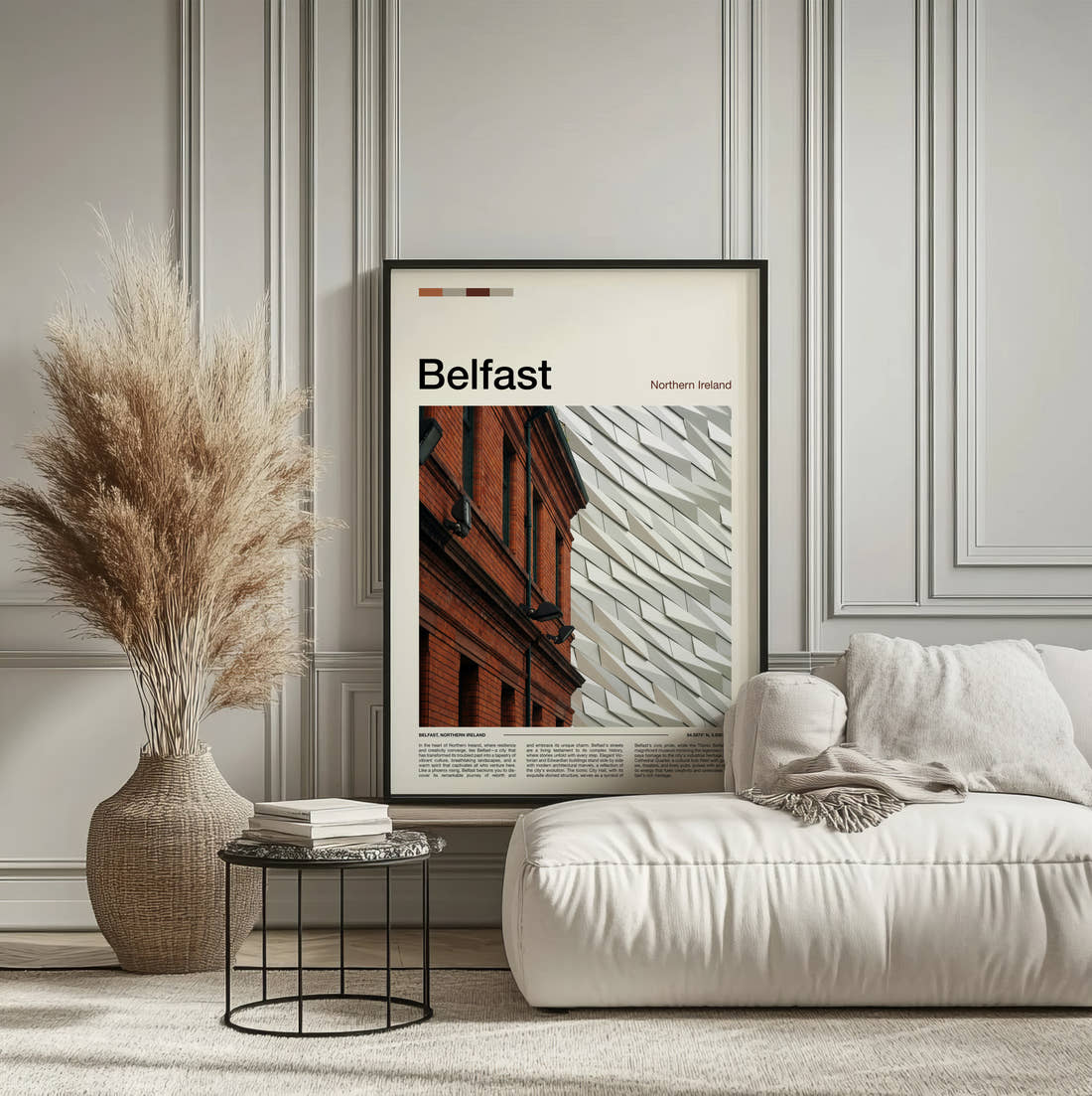 Belfast Titanic Museum Travel Print framed on the wall of a calm, neutral bedroom