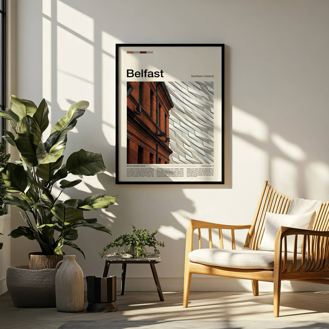 Belfast Titanic Museum Travel Print framed on a pale wall beside houseplants