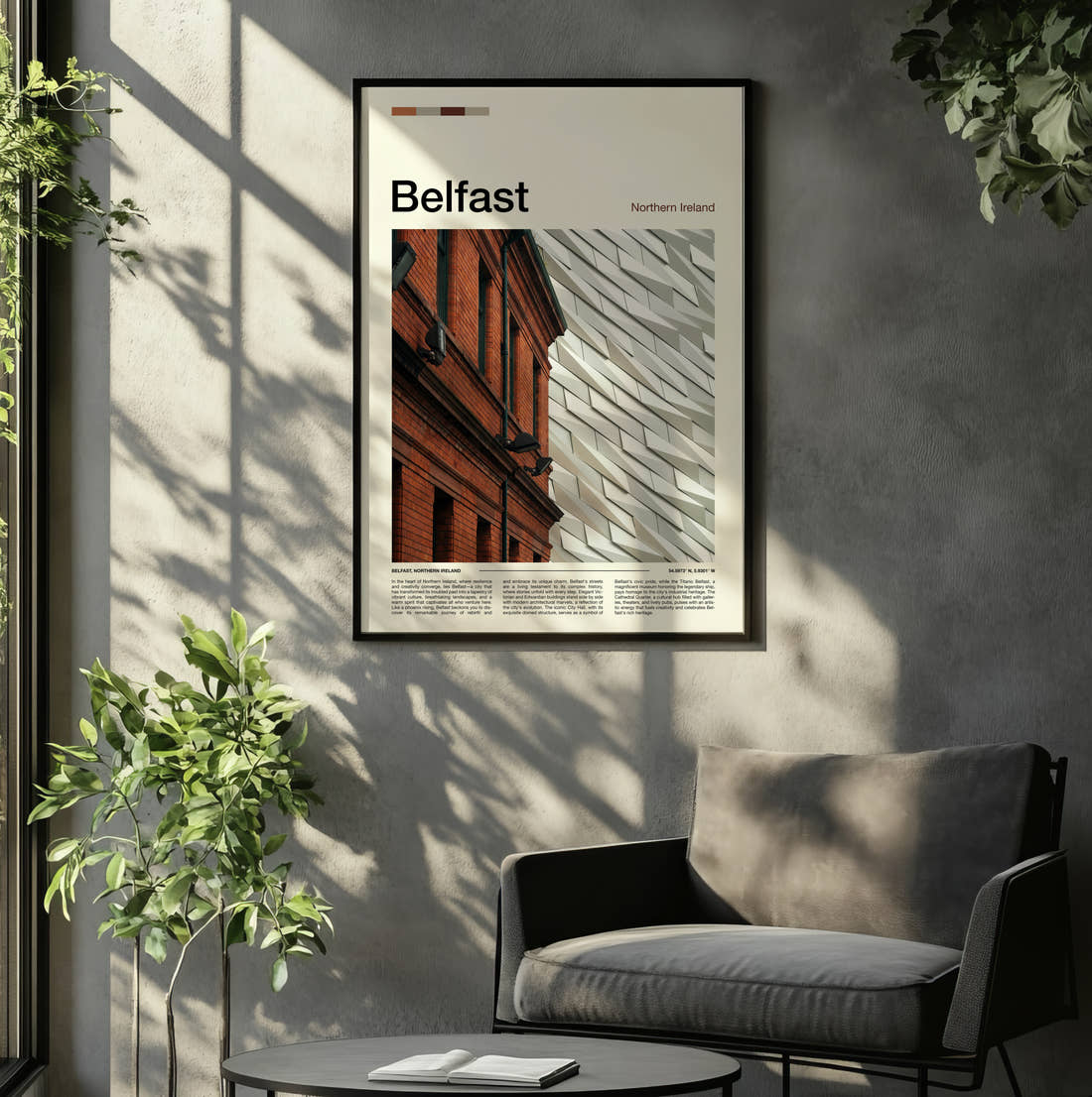 Belfast Titanic Museum Travel Print framed on the wall of a relaxed living room