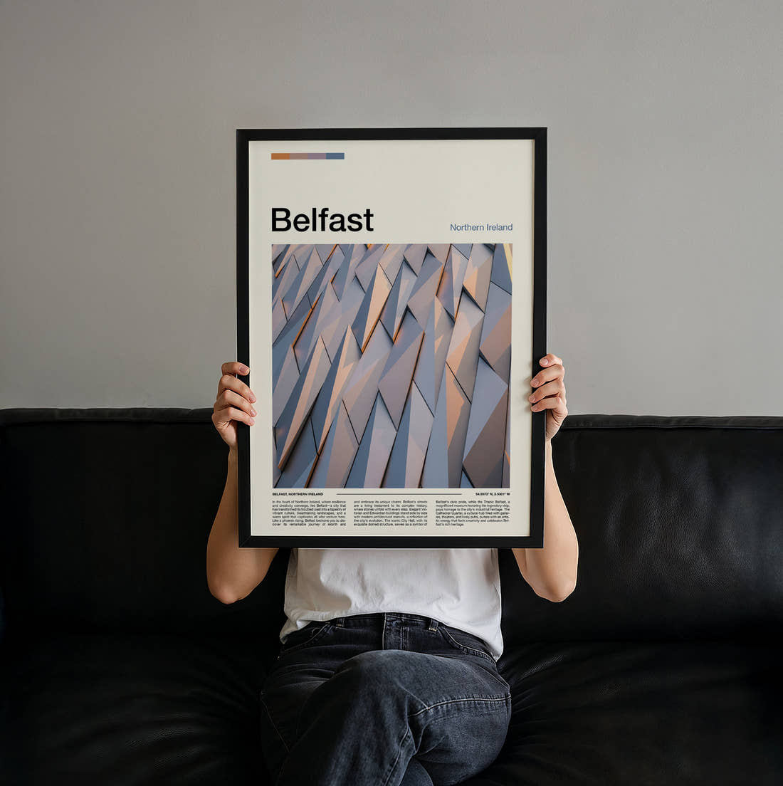 Belfast Silver Angular Facade Travel Print held up by hand to show the size of the print