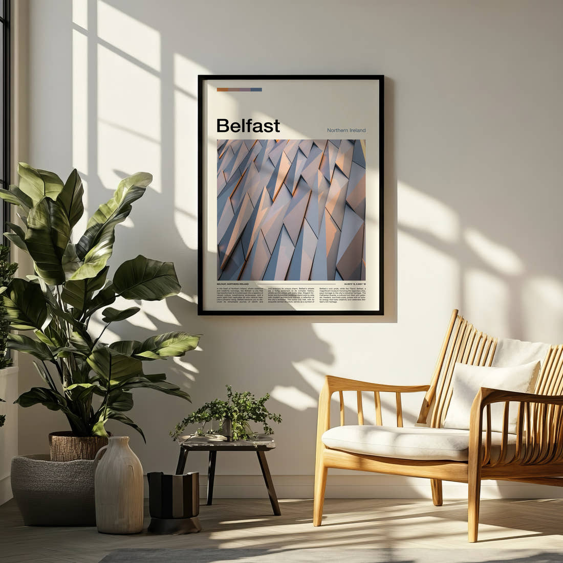 Belfast Silver Angular Facade Travel Print framed on a pale wall beside houseplants