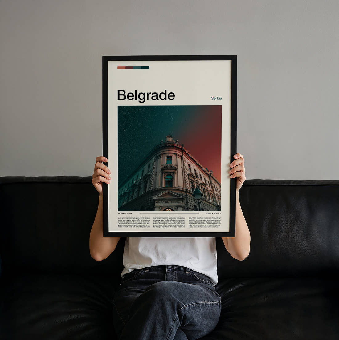 Belgrade National Bank Building Travel Print held up by hand to show the size of the print
