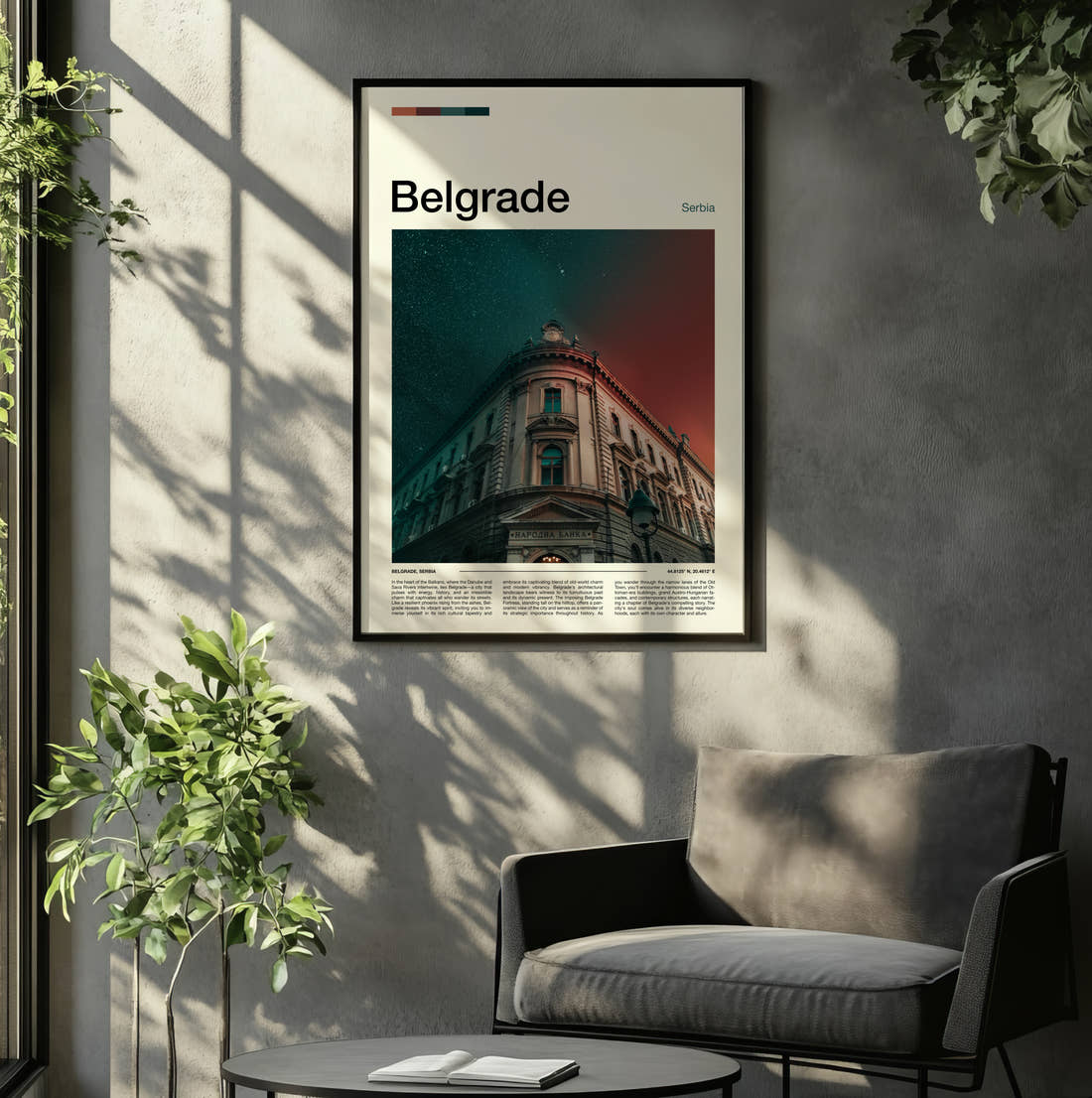 Belgrade National Bank Building Travel Print framed on the wall of a relaxed living room