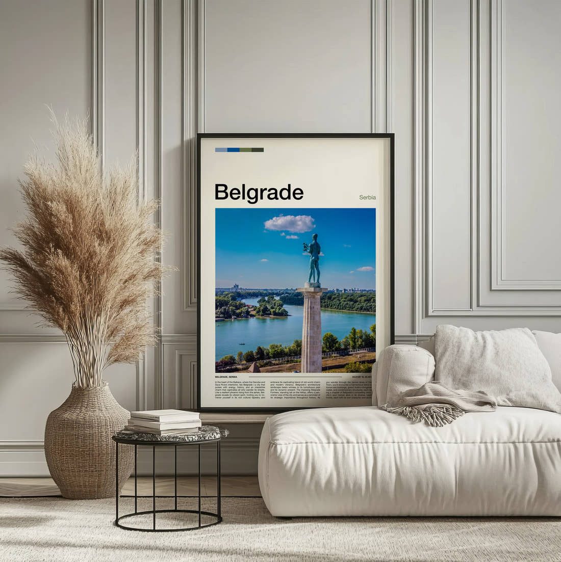 Belgrade Victor Monument Travel Print framed on the wall of a calm, neutral bedroom