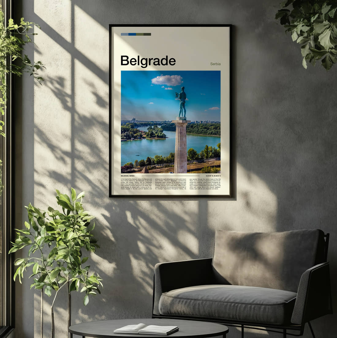 Belgrade Victor Monument Travel Print framed on the wall of a relaxed living room
