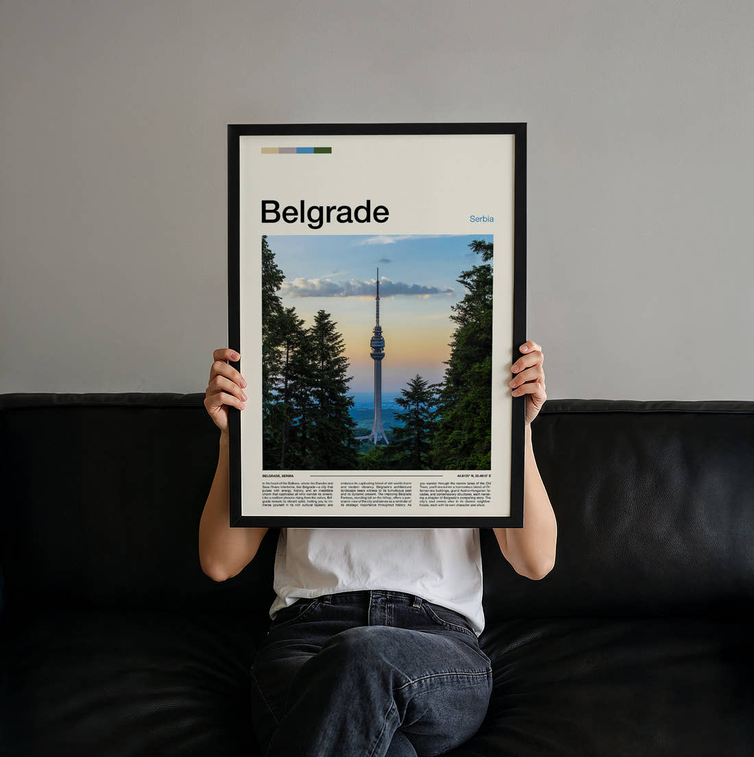 Belgrade Avala Tower Travel Print held up by hand to show the size of the print