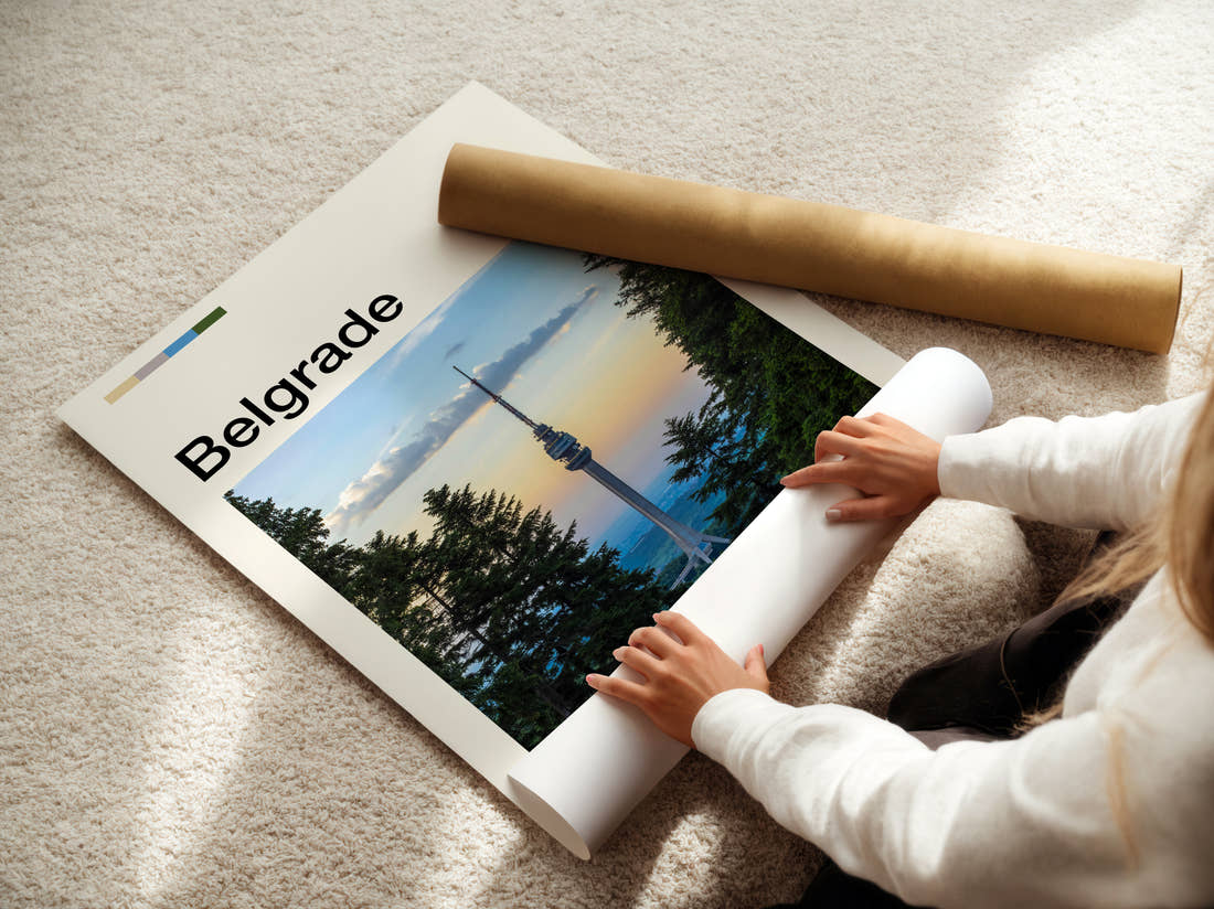 Belgrade Avala Tower Travel Print being unrolled from its postal tube