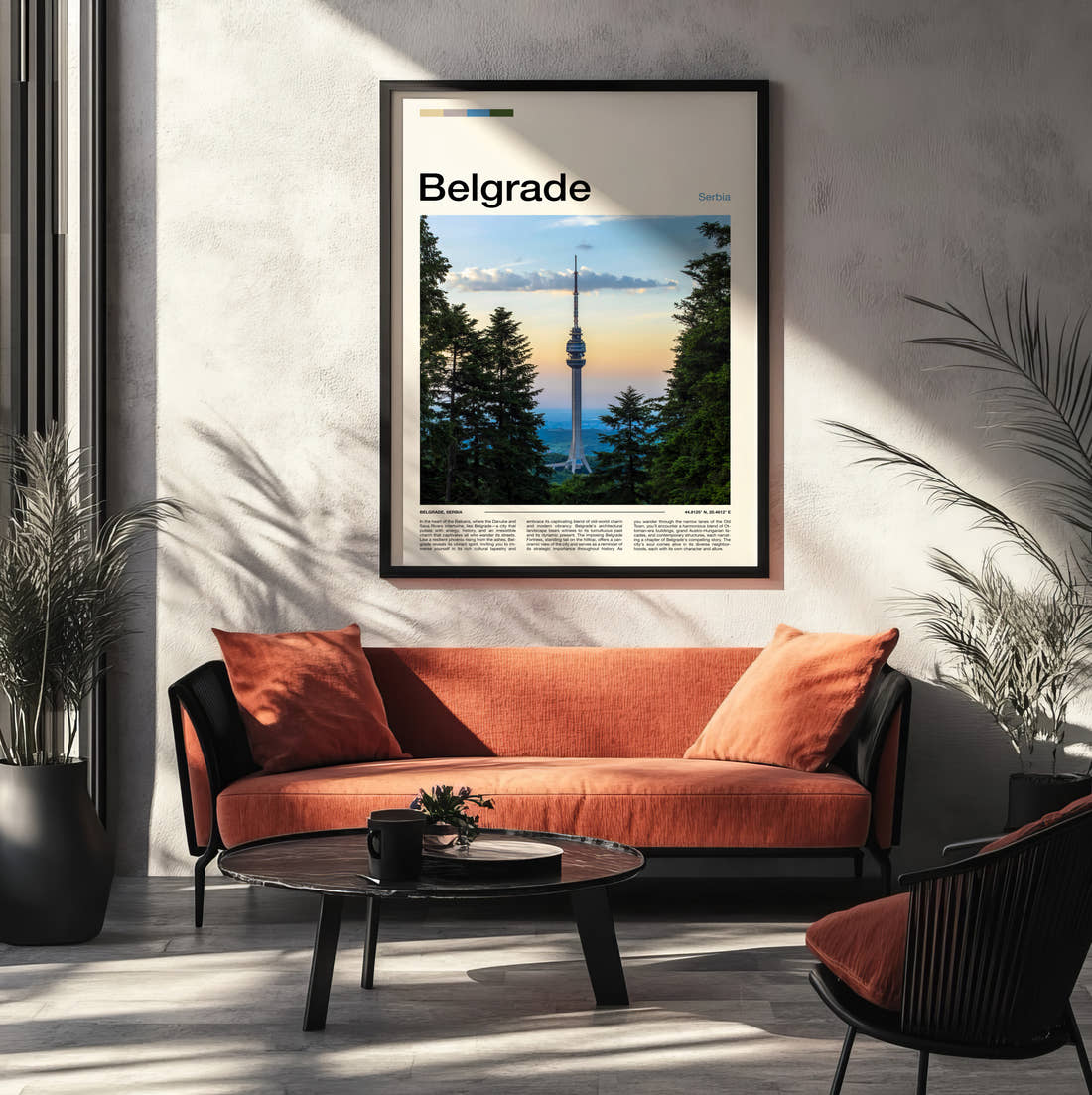 Belgrade Avala Tower Travel Print framed on the wall of a modern living room