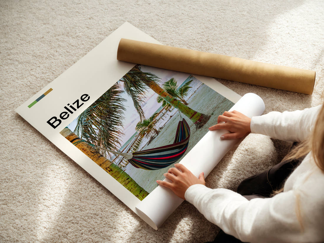 Belize Hammock Between Palm Trees Travel Print being unrolled from its postal tube