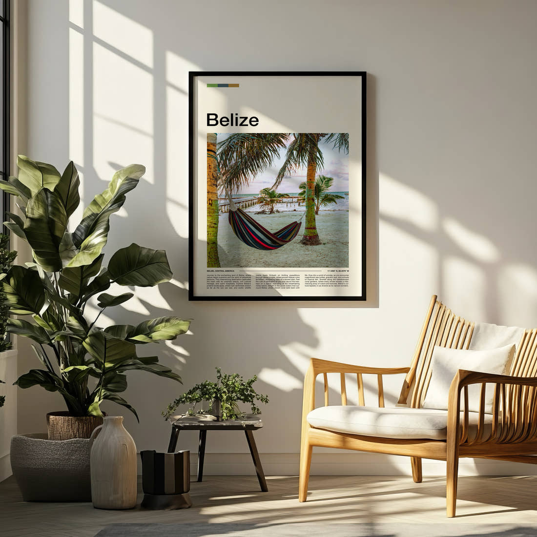 Belize Hammock Between Palm Trees Travel Print framed on a pale wall beside houseplants