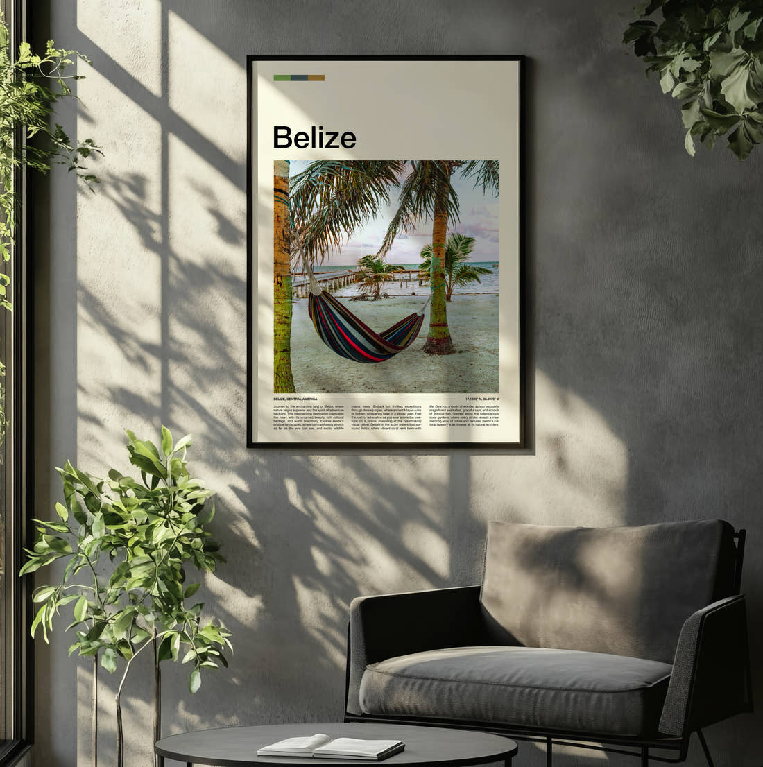 Belize Hammock Between Palm Trees Travel Print framed on the wall of a relaxed living room