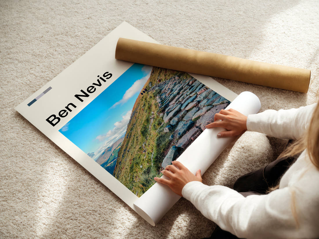 Ben Nevis Stone Mountain Path Travel Print being unrolled from its postal tube