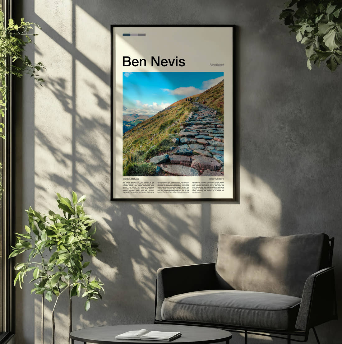 Ben Nevis Stone Mountain Path Travel Print framed on the wall of a relaxed living room