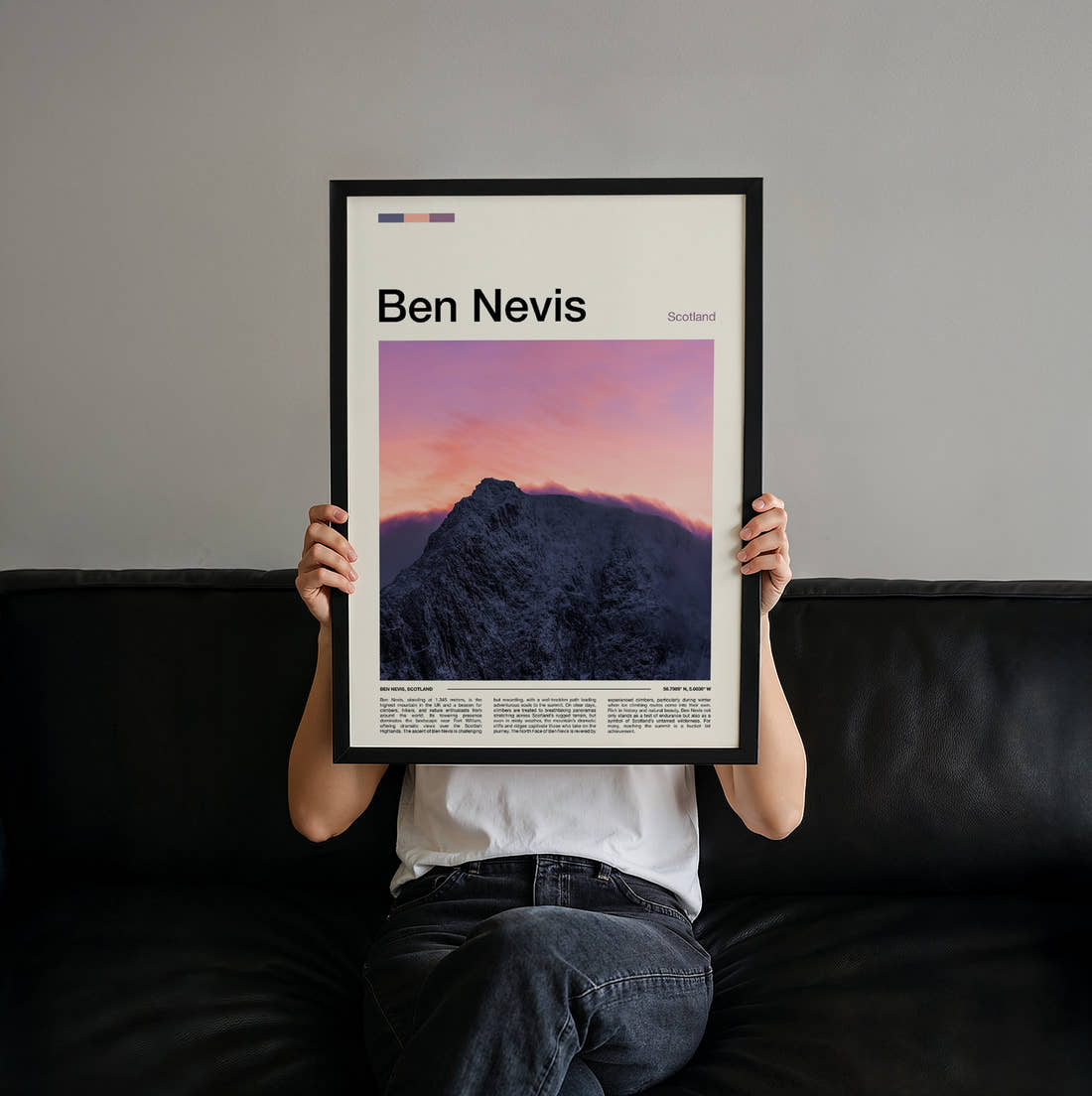 Ben Nevis Pink Sky Over Peak Travel Print held up by hand to show the size of the print