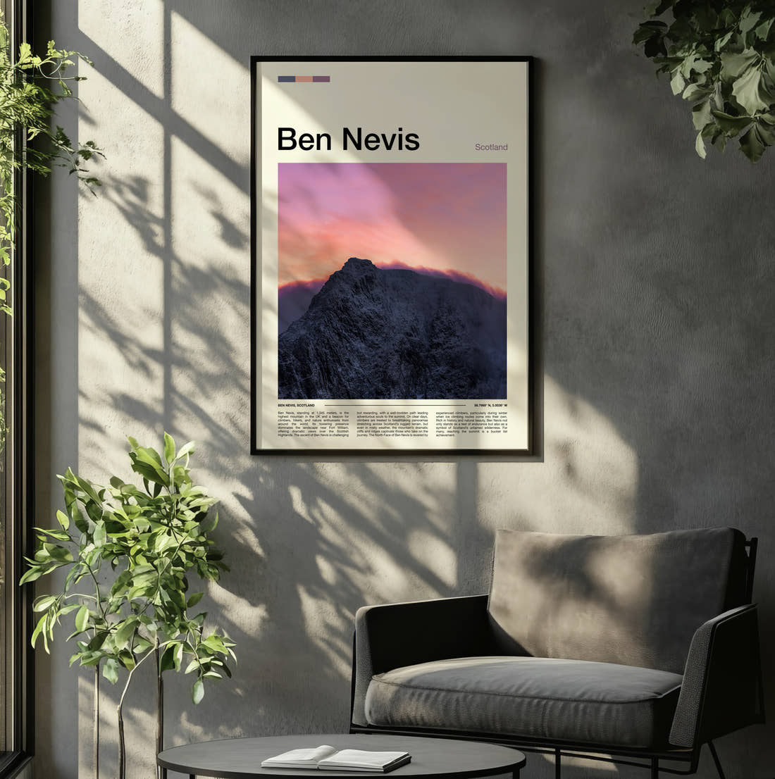 Ben Nevis Pink Sky Over Peak Travel Print framed on the wall of a relaxed living room