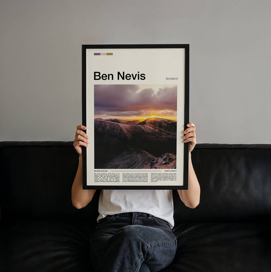 Ben Nevis Sunset Over Mountains Travel Print held up by hand to show the size of the print