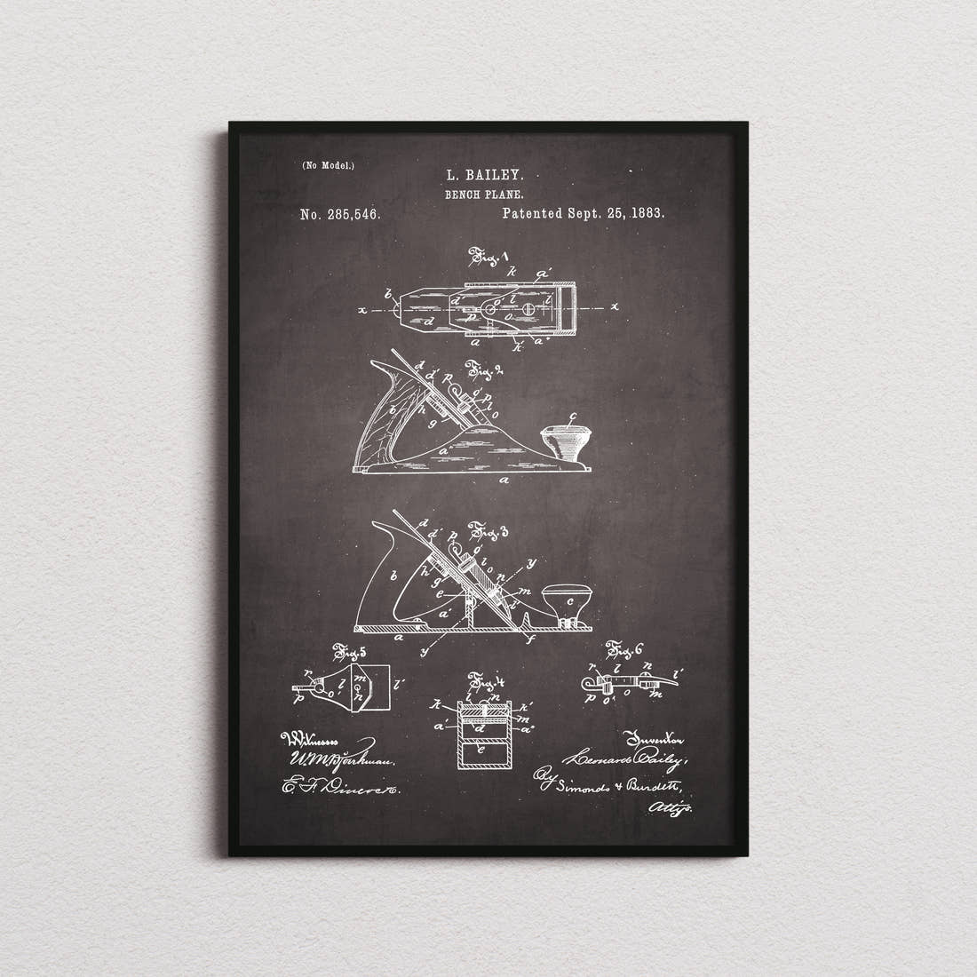 Bench Plane Patent Print in the blackboard colourway, framed