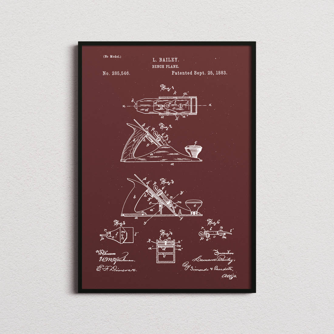 Bench Plane Patent Print in the burgundy colourway, framed