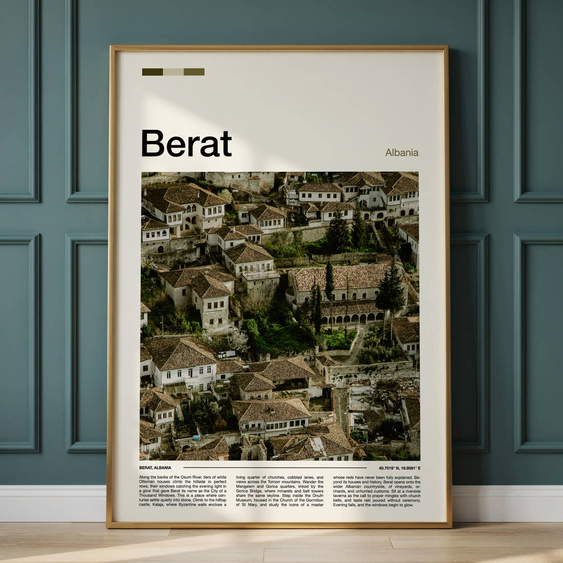 Berat Ottoman Rooftops View Travel Print framed on the wall of a calm, neutral bedroom