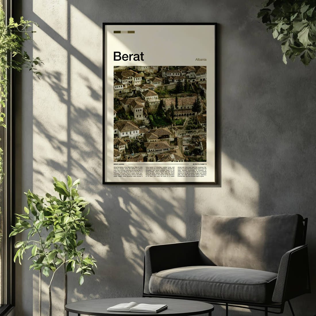 Berat Ottoman Rooftops View Travel Print framed on the wall of a relaxed living room