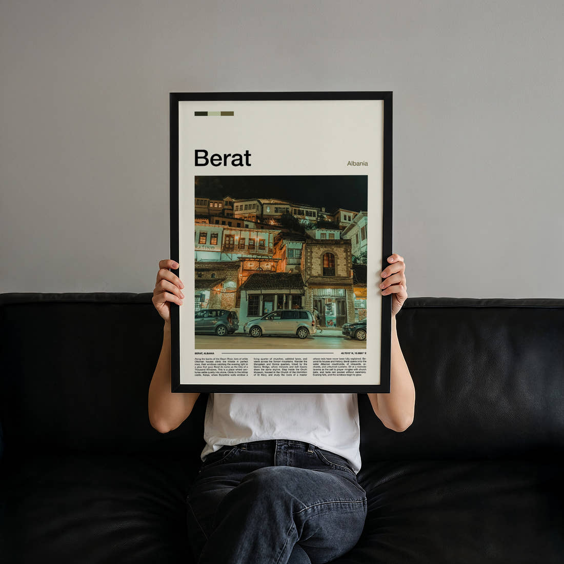 Berat Old Town By Night Travel Print held up by hand to show the size of the print