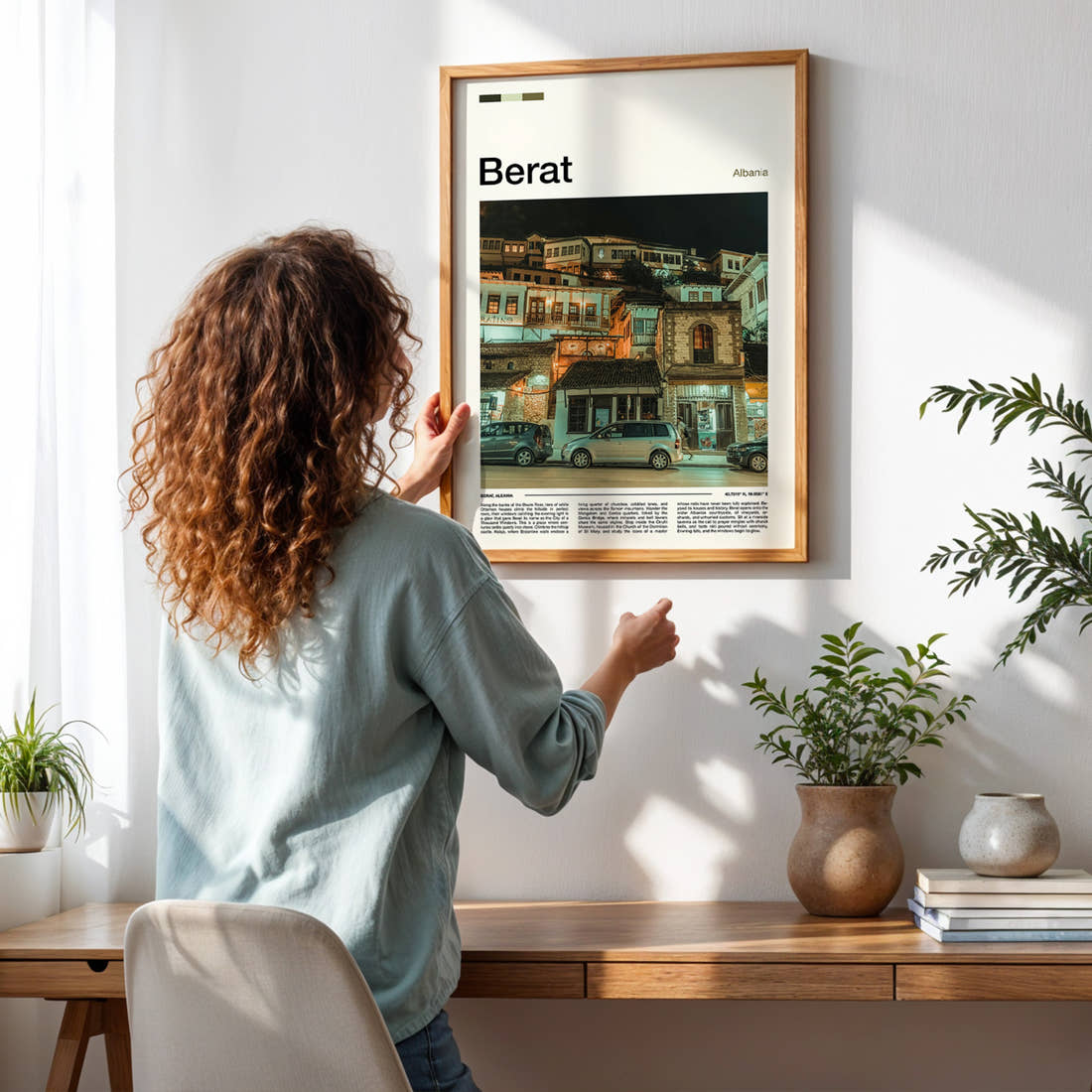 Berat Old Town By Night Travel Print framed on a pale wall beside houseplants