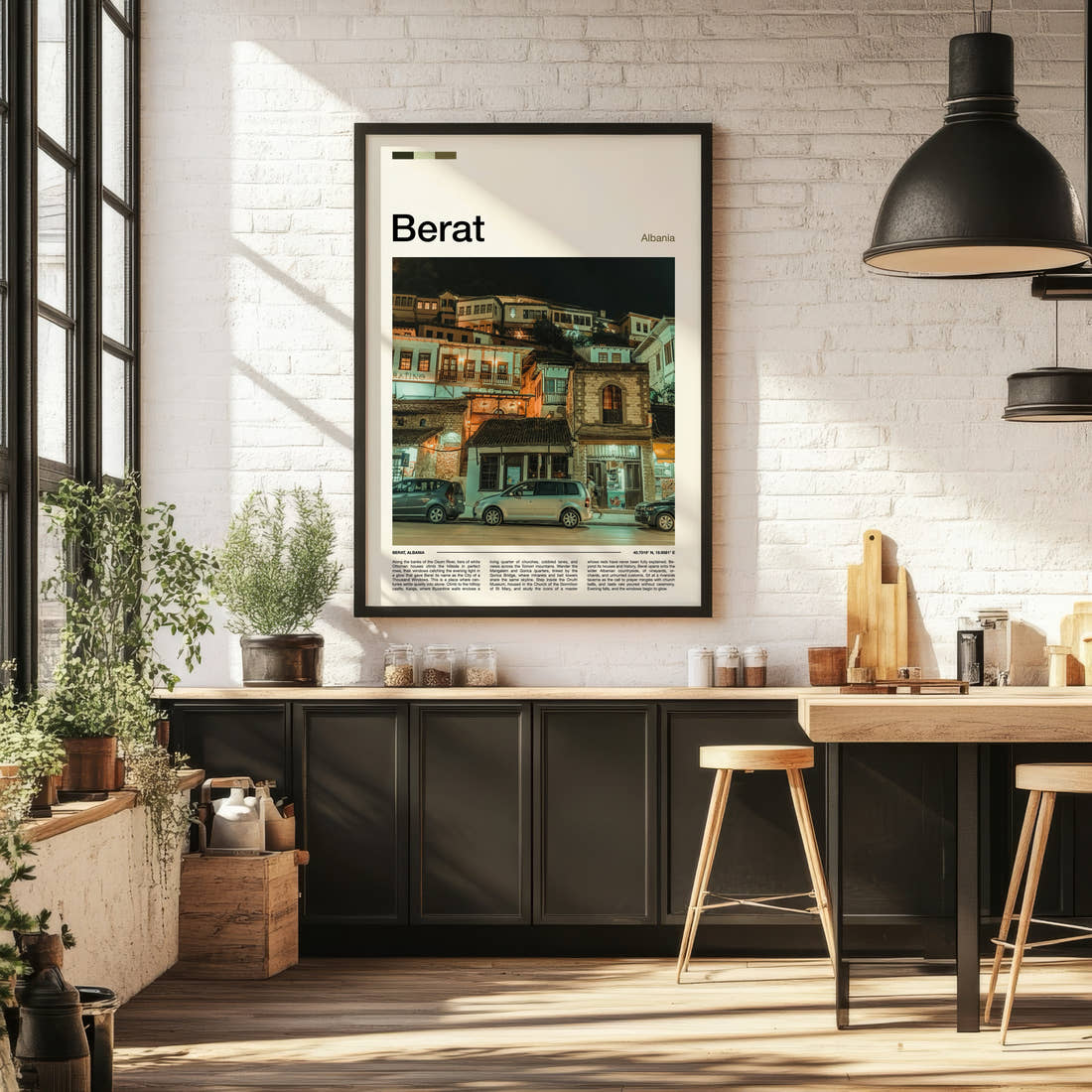 Berat Old Town By Night Travel Print framed on the wall of a bright kitchen and dining space