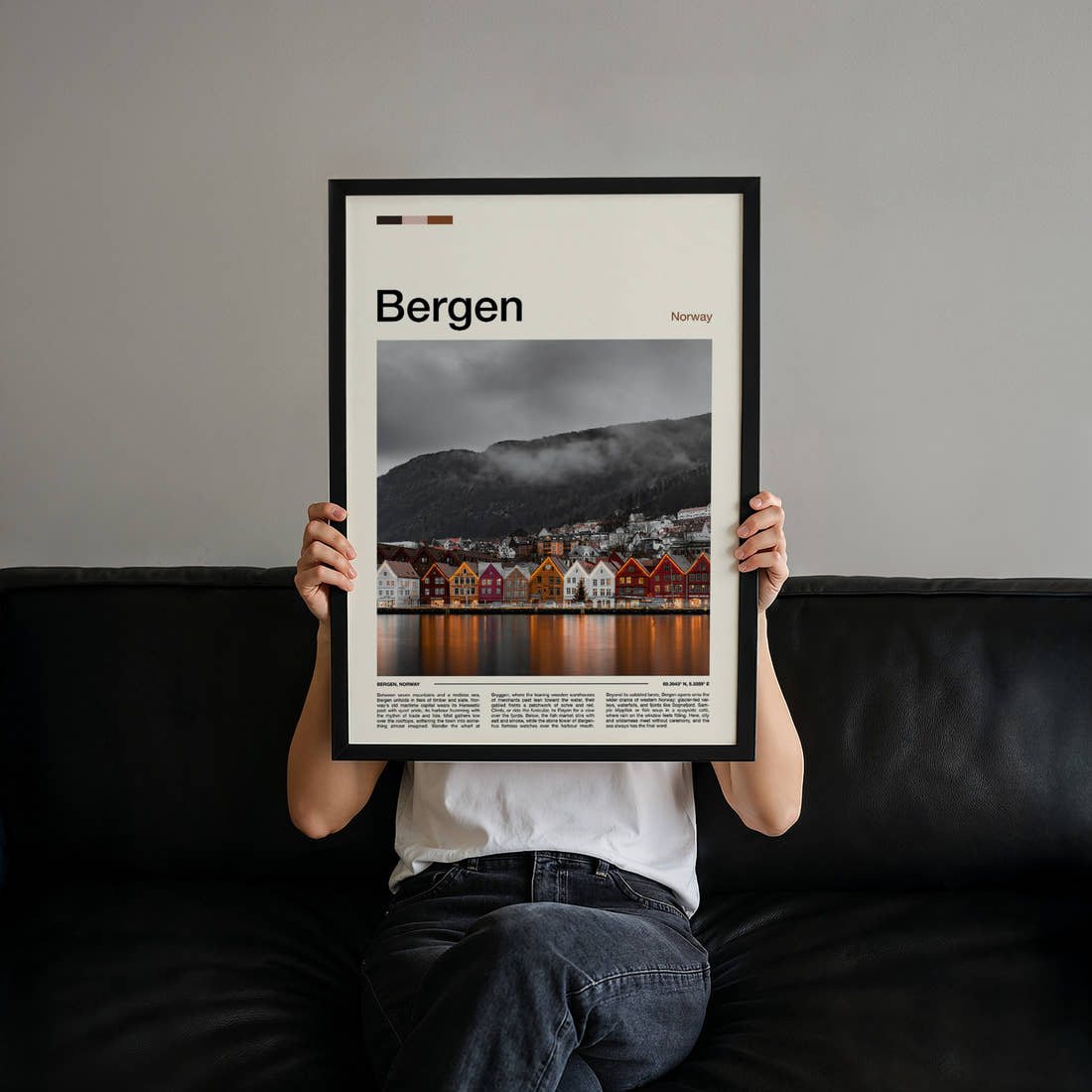 Bergen Bryggen Harbour Reflections Travel Print held up by hand to show the size of the print