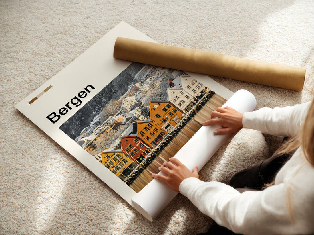 Bergen Snowy Bryggen Wharf Travel Print being unrolled from its postal tube