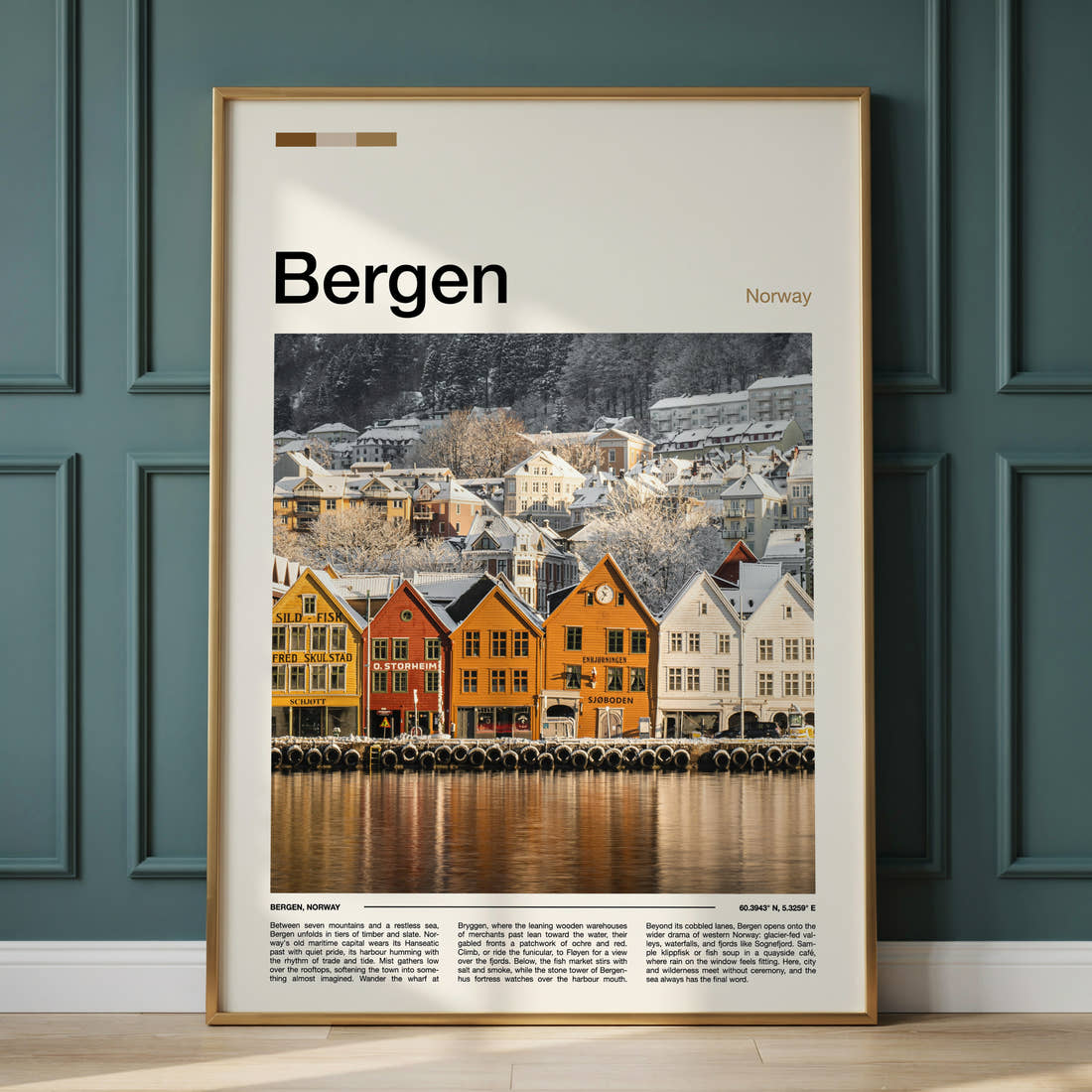 Bergen Snowy Bryggen Wharf Travel Print framed on the wall of a calm, neutral bedroom