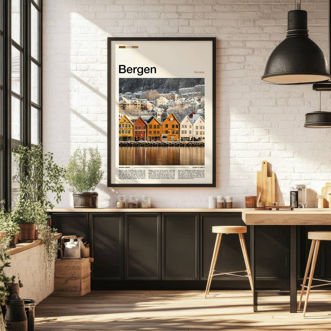 Bergen Snowy Bryggen Wharf Travel Print framed on the wall of a bright kitchen and dining space