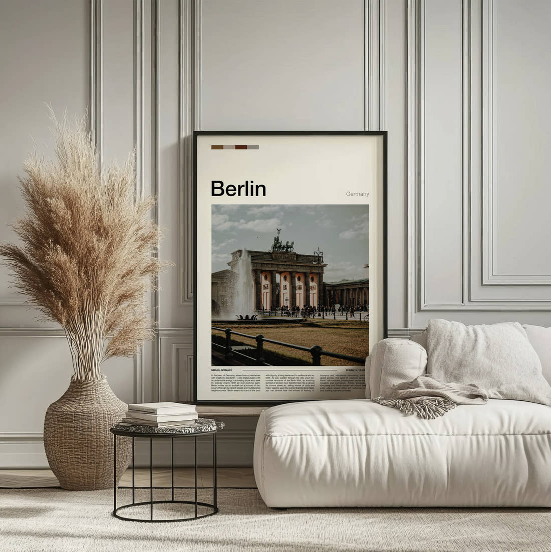 Berlin Brandenburg Gate Travel Print framed on the wall of a calm, neutral bedroom
