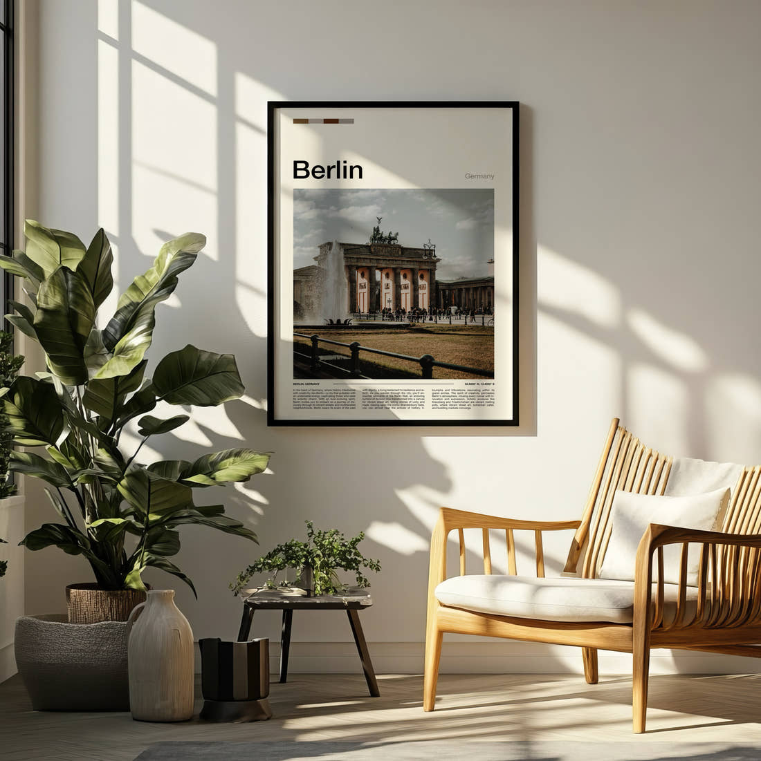 Berlin Brandenburg Gate Travel Print framed on a pale wall beside houseplants