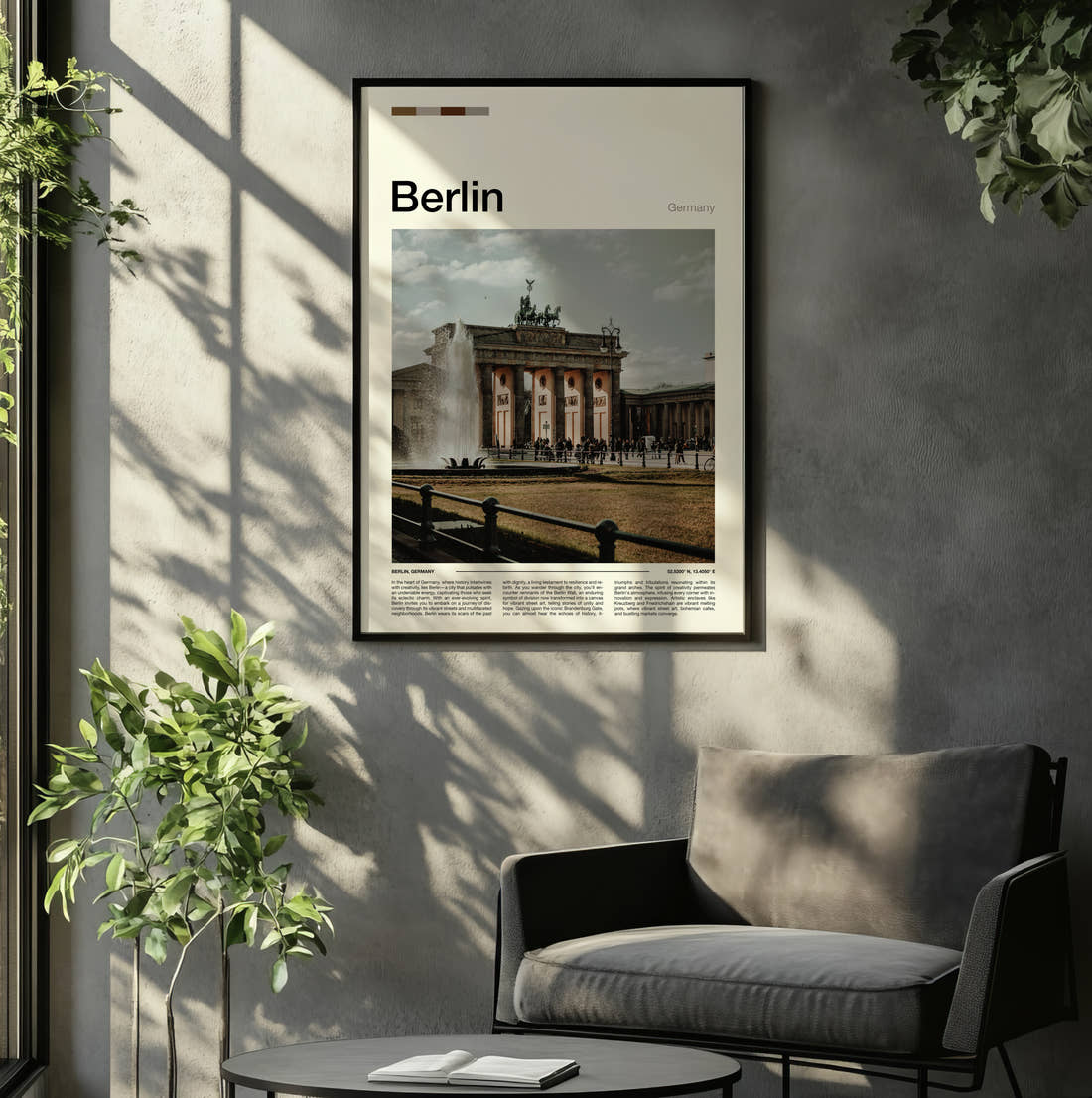 Berlin Brandenburg Gate Travel Print framed on the wall of a relaxed living room