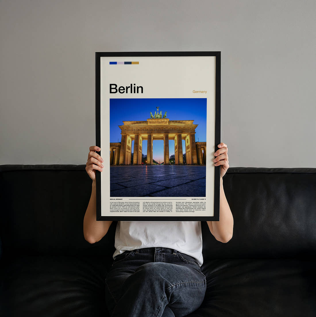 Berlin Brandenburg Gate At Night Travel Print held up by hand to show the size of the print