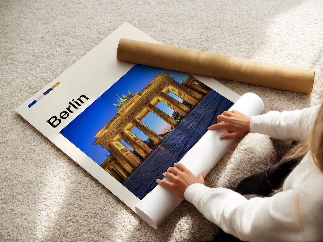 Berlin Brandenburg Gate At Night Travel Print being unrolled from its postal tube