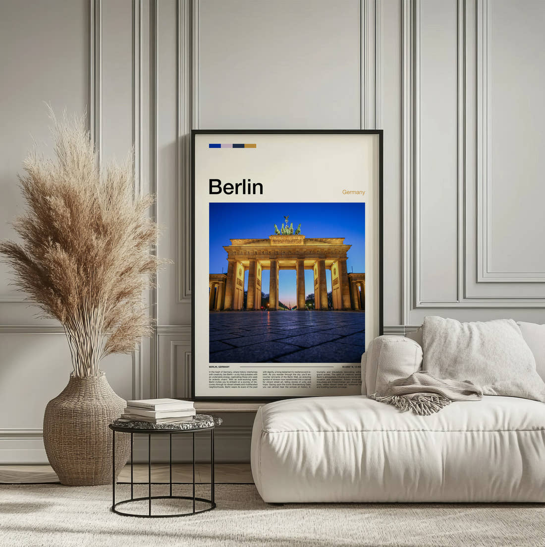 Berlin Brandenburg Gate At Night Travel Print framed on the wall of a calm, neutral bedroom