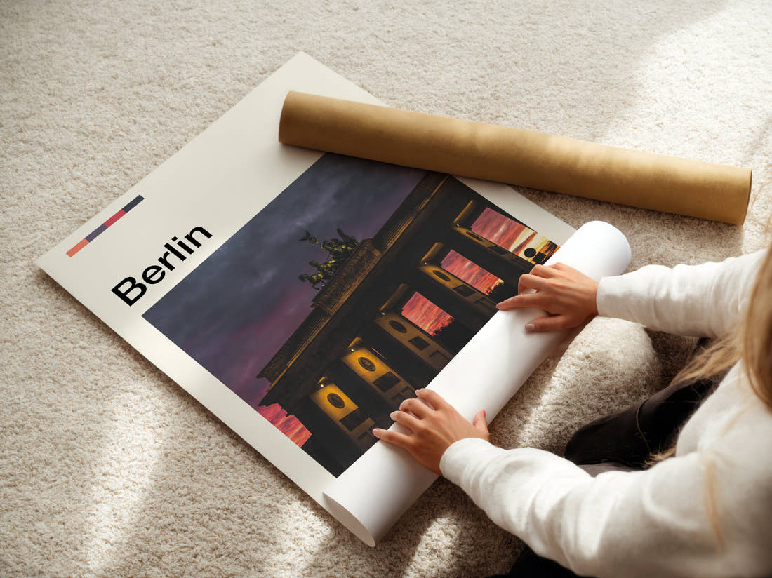 Berlin Brandenburg Gate At Sunset Travel Print being unrolled from its postal tube