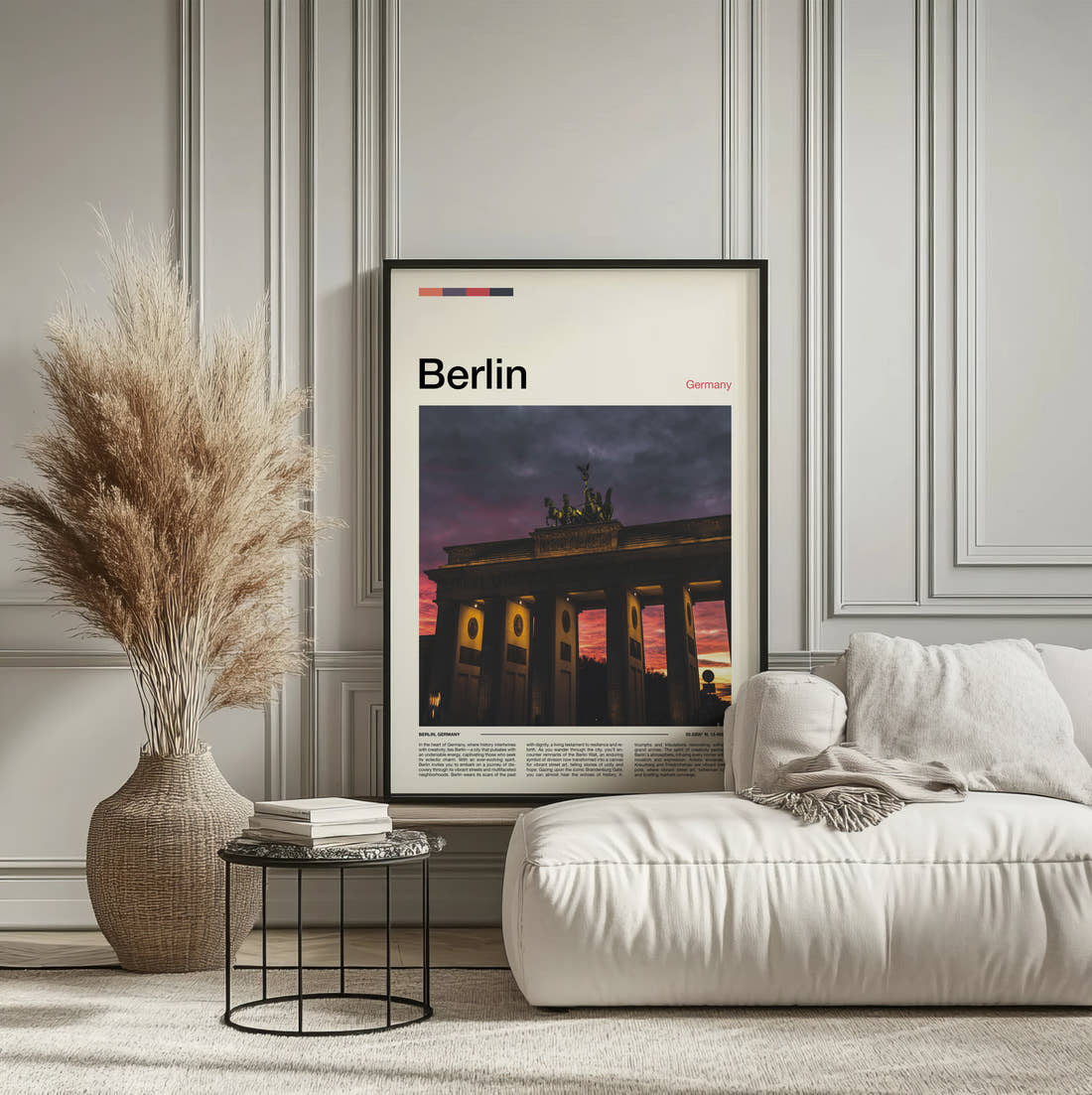 Berlin Brandenburg Gate At Sunset Travel Print framed on the wall of a calm, neutral bedroom