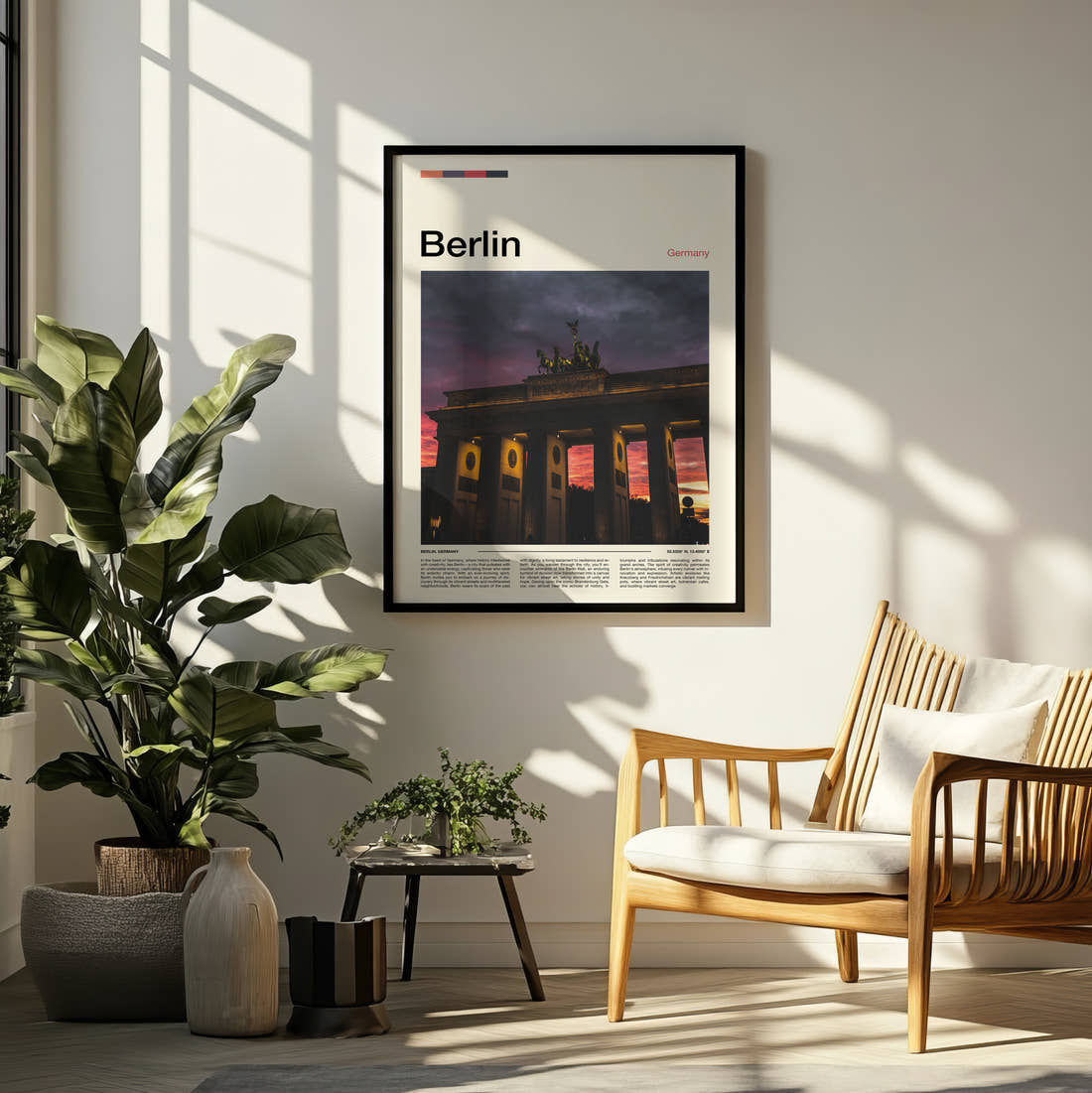 Berlin Brandenburg Gate At Sunset Travel Print framed on a pale wall beside houseplants