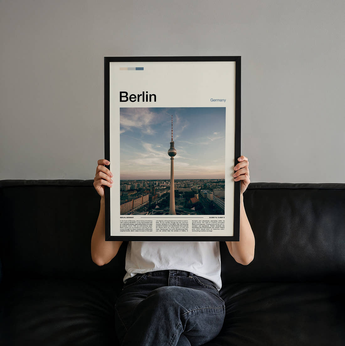 Berlin Television Tower Travel Print held up by hand to show the size of the print