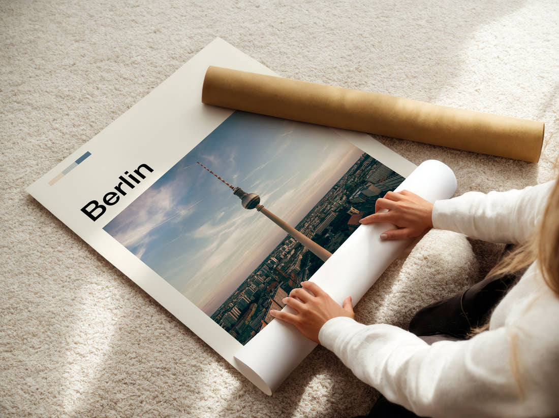 Berlin Television Tower Travel Print being unrolled from its postal tube