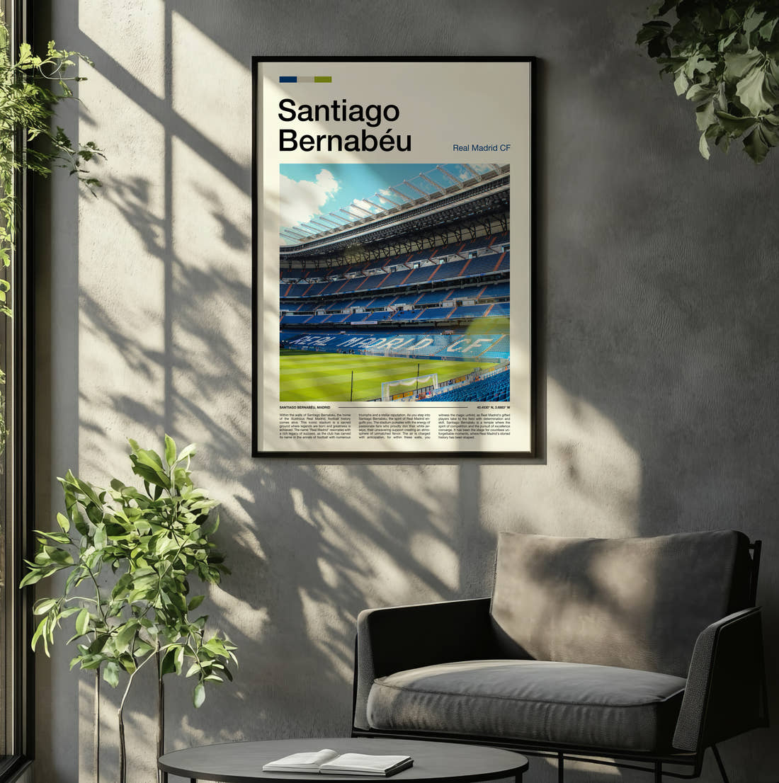 Bernabeu Stadium Print framed on the wall of a relaxed living room