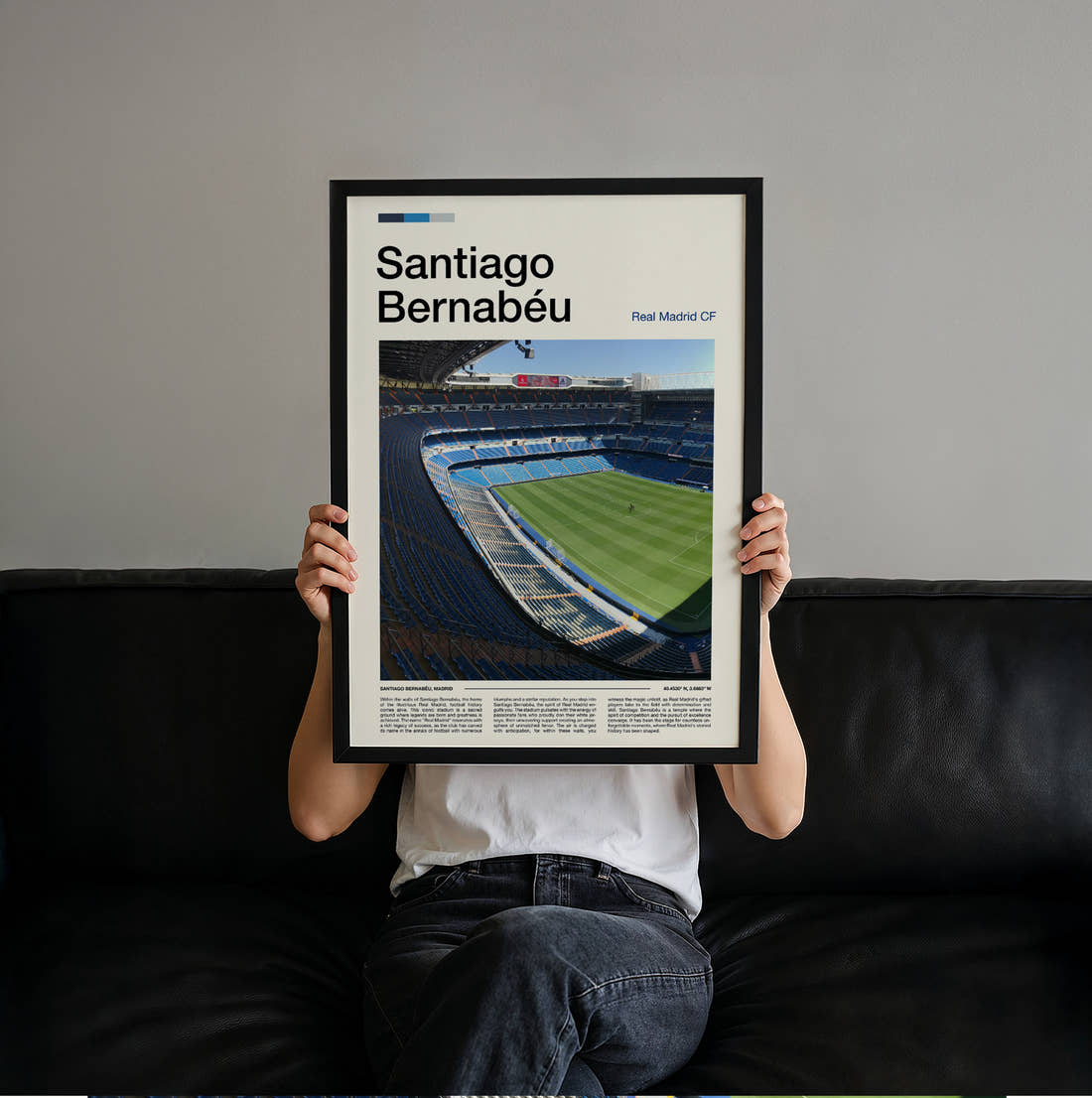 Bernabeu Stadium Print held up by hand to show the size of the print