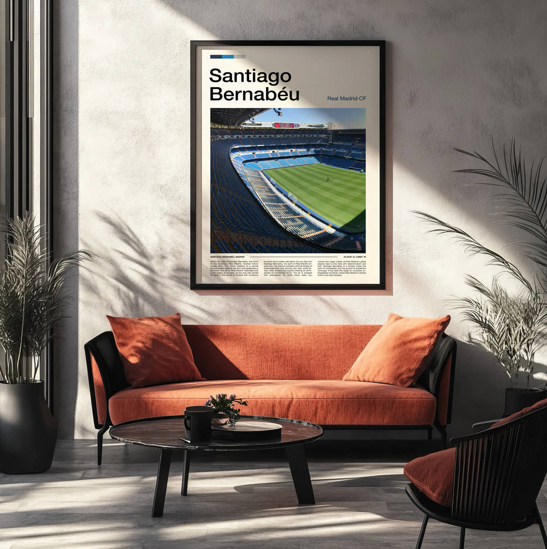 Bernabeu Stadium Print framed on the wall of a modern living room